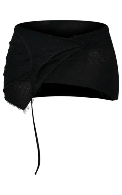 Black Textured Jersey Fold Over Tie Detail Micro Mini Skirt