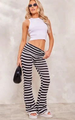 Black Textured Jersey Fold Over Waist Flares