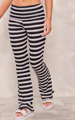 Black Textured Jersey Fold Over Waist Flares