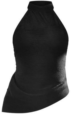 Black Textured Jersey Halterneck Asymmetric Hem Longline Top
