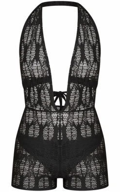 Black Textured Jersey Halter Neck Romper