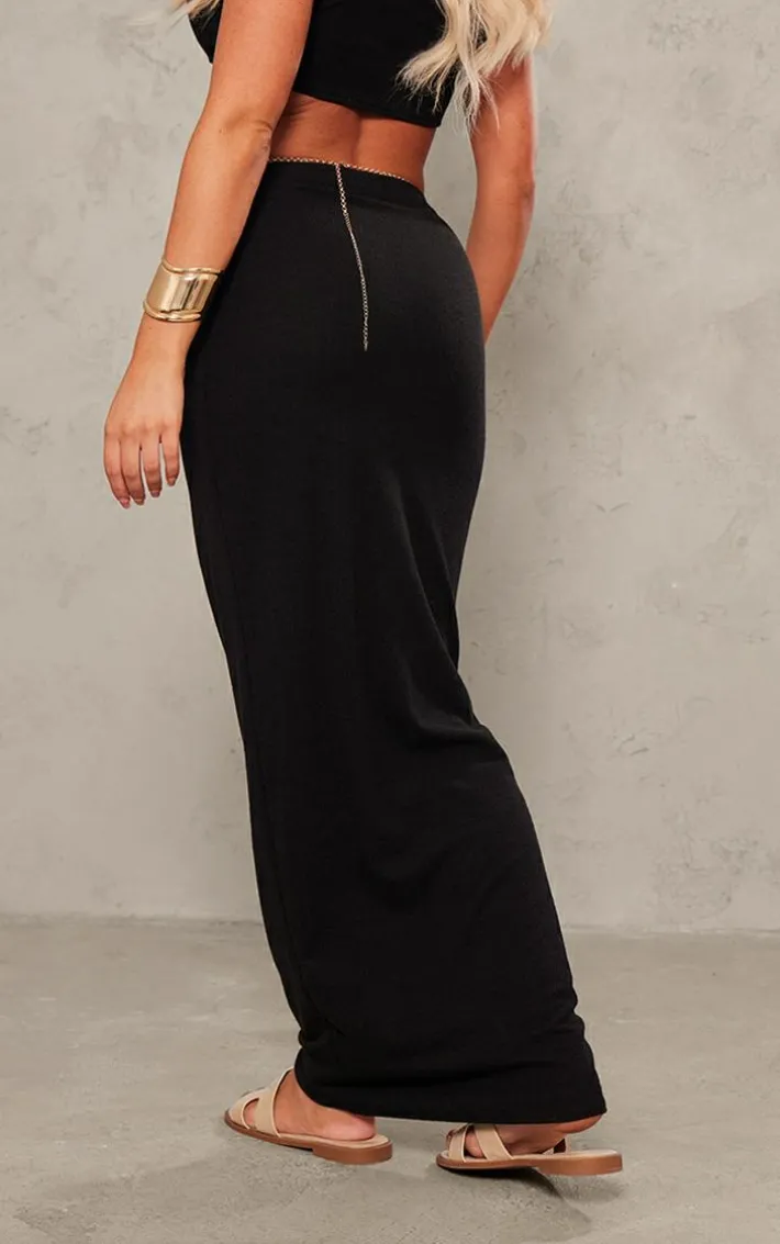 Black Textured Jersey Low Rise Midaxi Skirt