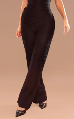 Black Textured Jersey Mid Rise Wide Leg Pants