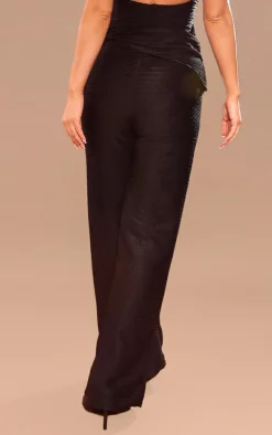 Black Textured Jersey Mid Rise Wide Leg Pants