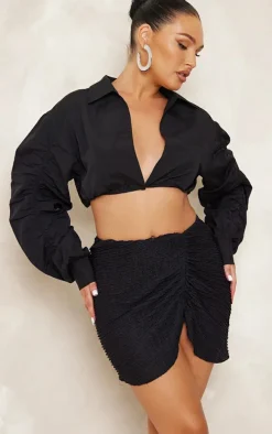 Black Textured Jersey Ruched Asymmetric Mini Skirt