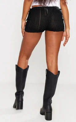 Black Textured Jersey Tie Side Mini Hot Pants