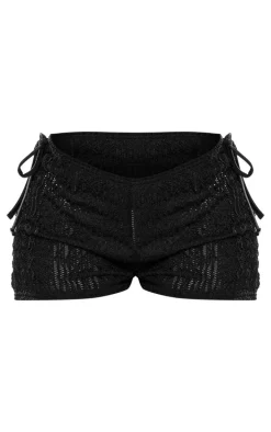 Black Textured Jersey Tie Side Mini Hot Pants