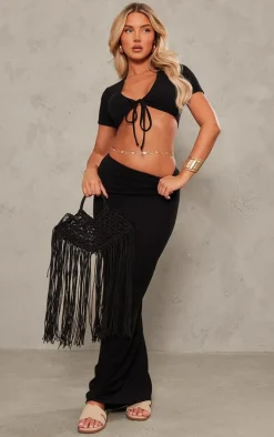 Black Textured Jersey Tie Front Short Sleeve Crop Top