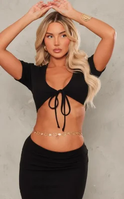 Black Textured Jersey Tie Front Short Sleeve Crop Top