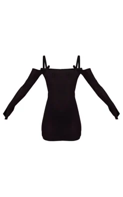 Black Textured Knit Bow Detail Bardot Mini Dress