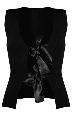 Black Textured Knit Bow Front Vest