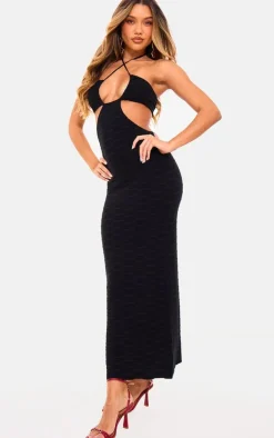 Black Textured Knit Cut Out HalterNeck Maxi Dress