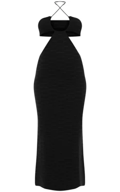 Black Textured Knit Cut Out HalterNeck Maxi Dress
