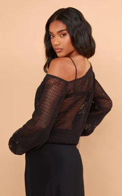 Black Textured Knit Off The Shoulder Long Top