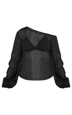 Black Textured Knit Off The Shoulder Long Top