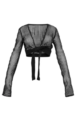 Black Textured Knit Tie Front Blouse