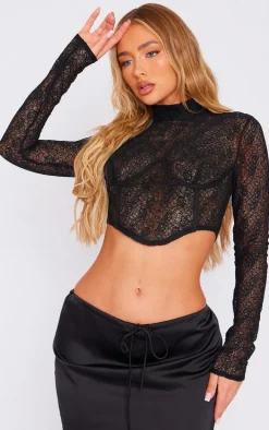 Black Textured Lace Bust Detail Corset Top