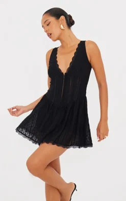 Black Textured Lace Corset Detail Floaty Romper