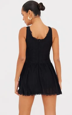 Black Textured Lace Corset Detail Floaty Romper