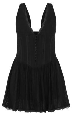 Black Textured Lace Corset Detail Floaty Romper