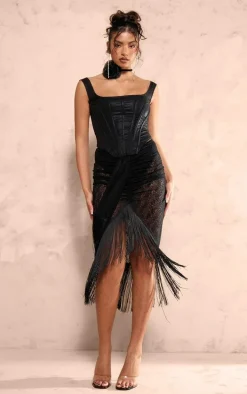 Black Textured Lace Drape Front Tassel Hem Midi Skirt