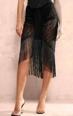 Black Textured Lace Drape Front Tassel Hem Midi Skirt