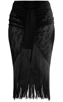 Black Textured Lace Drape Front Tassel Hem Midi Skirt