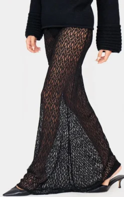Black Textured Lace Sheer Maxi Skirt