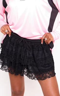 Black Textured Lace Tiered Mini Skirt