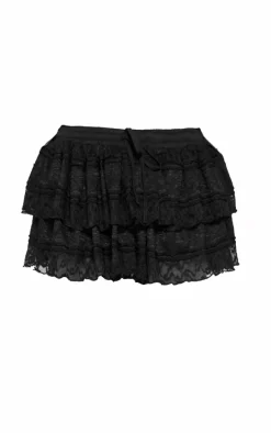 Black Textured Lace Tiered Mini Skirt