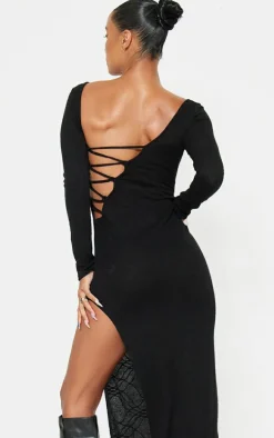 Black Textured Lace Up Back Detail Maxi Dress