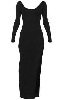 Black Textured Lace Up Back Detail Maxi Dress