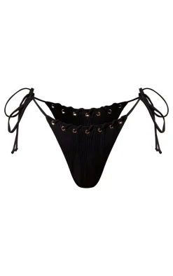 Black Textured Lace Up Detail Tie Side Bikini Bottoms