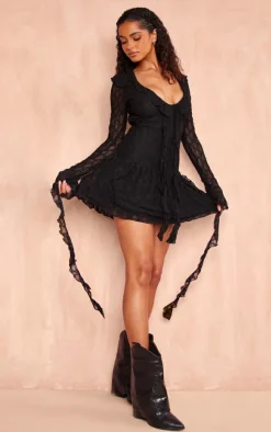 Black Textured Lace Up Frill Drape Shift Dress