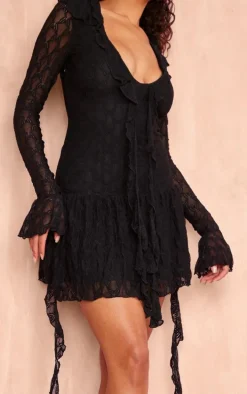 Black Textured Lace Up Frill Drape Shift Dress