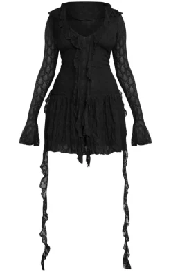 Black Textured Lace Up Frill Drape Shift Dress