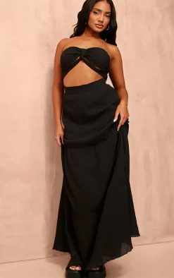 Black Textured Linen Look Knot Cut Out Bandeau Maxi Dress