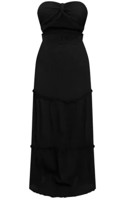 Black Textured Linen Look Knot Cut Out Bandeau Maxi Dress