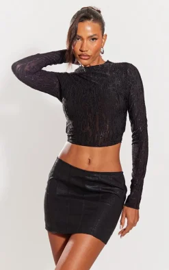 Black Textured Long Sleeve Open Back Crop Top