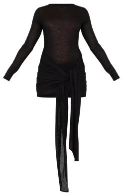 Black Textured Long Sleeve Tie Waist Mini Dress