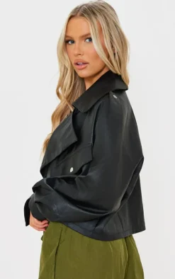 Black Textured Look Faux Leather Biker Jacket