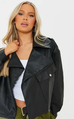 Black Textured Look Faux Leather Biker Jacket