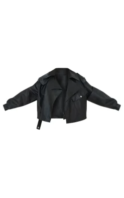 Black Textured Look Faux Leather Biker Jacket