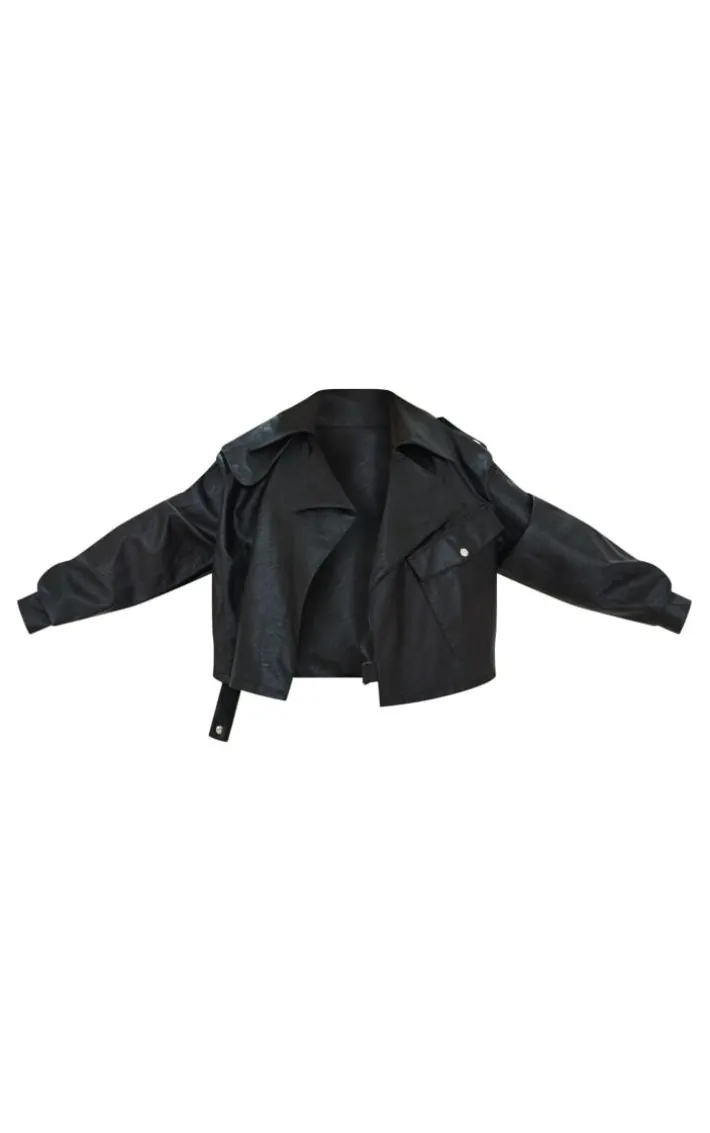 Black Textured Look Faux Leather Biker Jacket