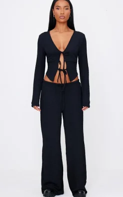 Black Textured Low Rise Wide Leg Pants