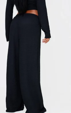 Black Textured Low Rise Wide Leg Pants