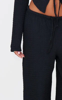 Black Textured Low Rise Wide Leg Pants