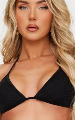 Black Textured Lurex Triangle Bikini Top