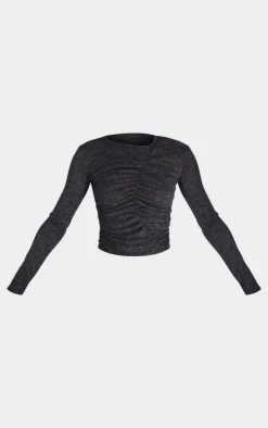 Black Textured Marl Ruched Front Long Sleeve Top