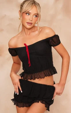 Black Textured Mesh Off The Shoulder Bow Detail Crop Top